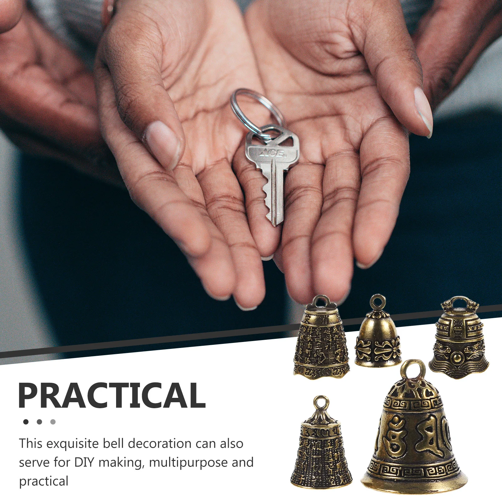 

5Pcs Antique Brass Key Ring Pendant Vintage Hanging Bell for DIY Crafts and Decorations