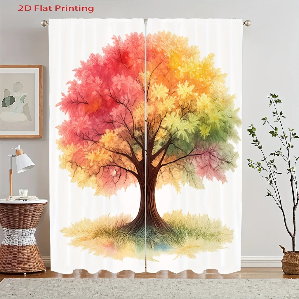 Ombre Gradient Tree Rod Pocket Semi Sheer Curtains 2 Panel Light Filtering Nature Drapes for Living Room Bedroom Decor