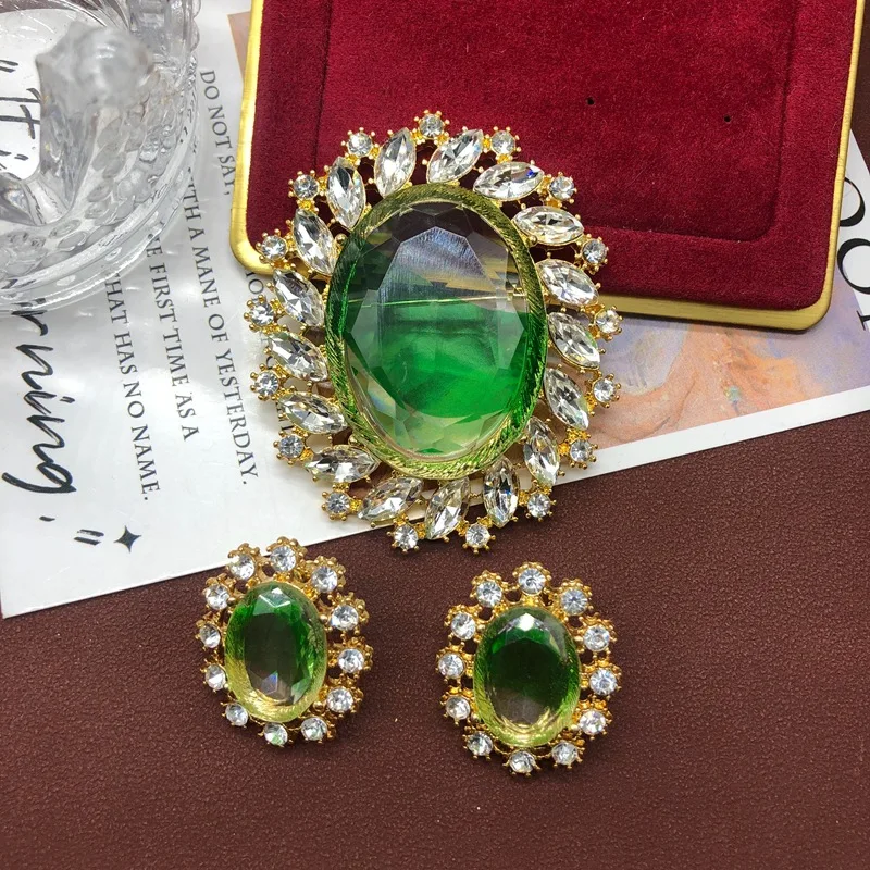 Vintage Medieva women's jewelry for girls court emerald studded diamond brooch earrings brooch wedding dress gift luxury elegant