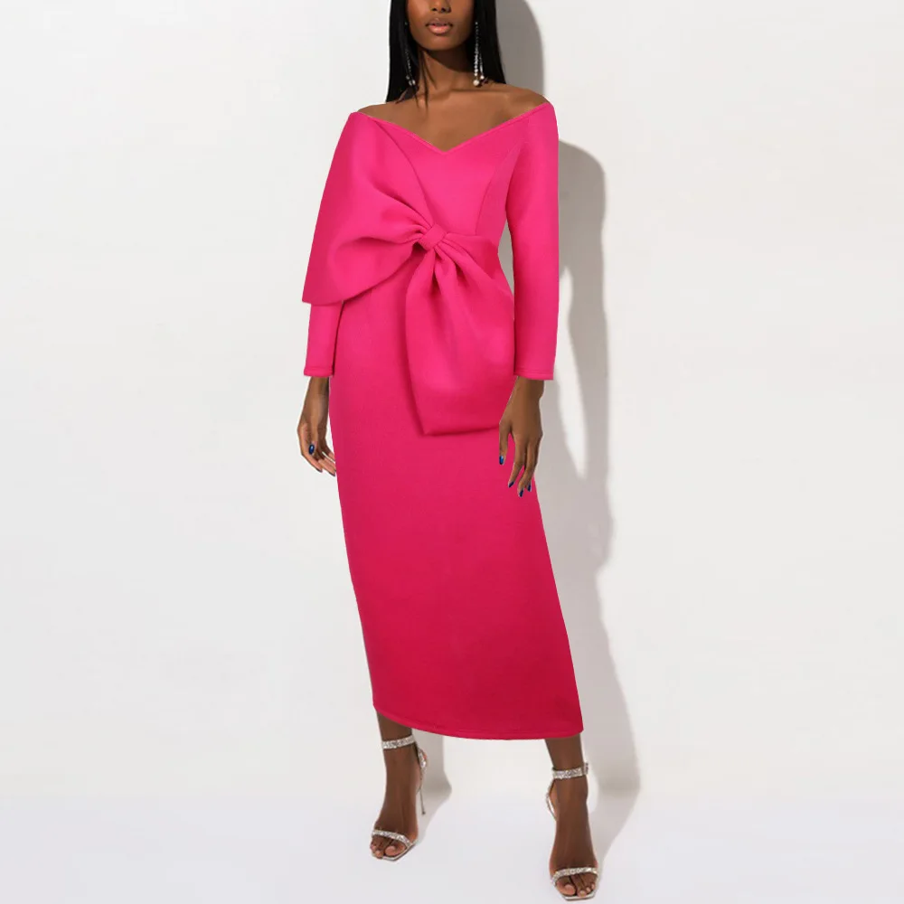 Summer Elegant African Long Sleeve V-neck Polyester Rose Red Wedding Party Long Dress Maxi Dress African Dresses for Women