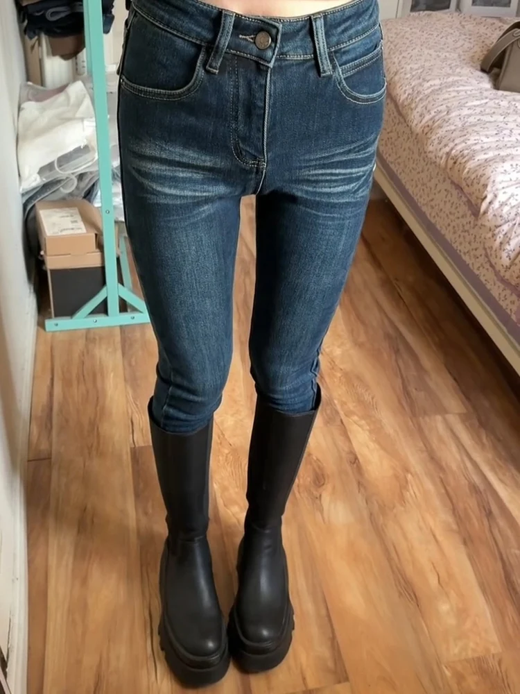 

Retro High Waist Fce Lined Skinny Jeans Women Winter No ow Leg V Waist Lift Butt Waed Blue Jeans Cotton Stretch Denim