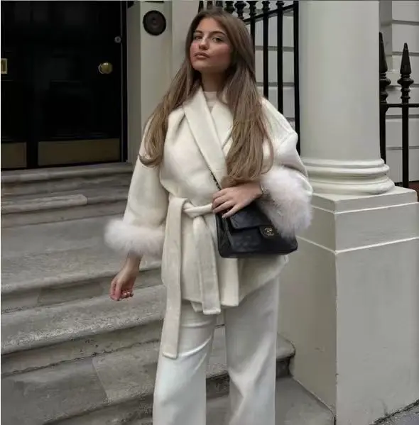 

2025 Chic Lapel Plush Coat With Belt Women Vintage Solid Faux Fur Sleeve Tweed Open Coats Female Autumn Casual Street Outwear