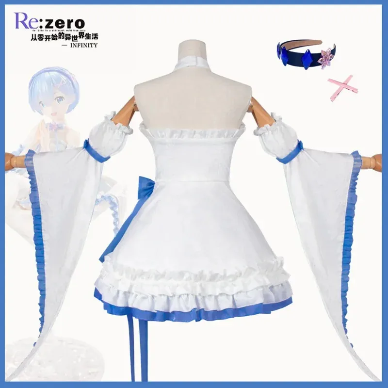 애니메이션 Re:제로부터 시작하는 이세계 생활 렘 코스프레 의상 화이트 스카이블루 메이드 드레스 2025 여성 귀여운 생일 파티 의상