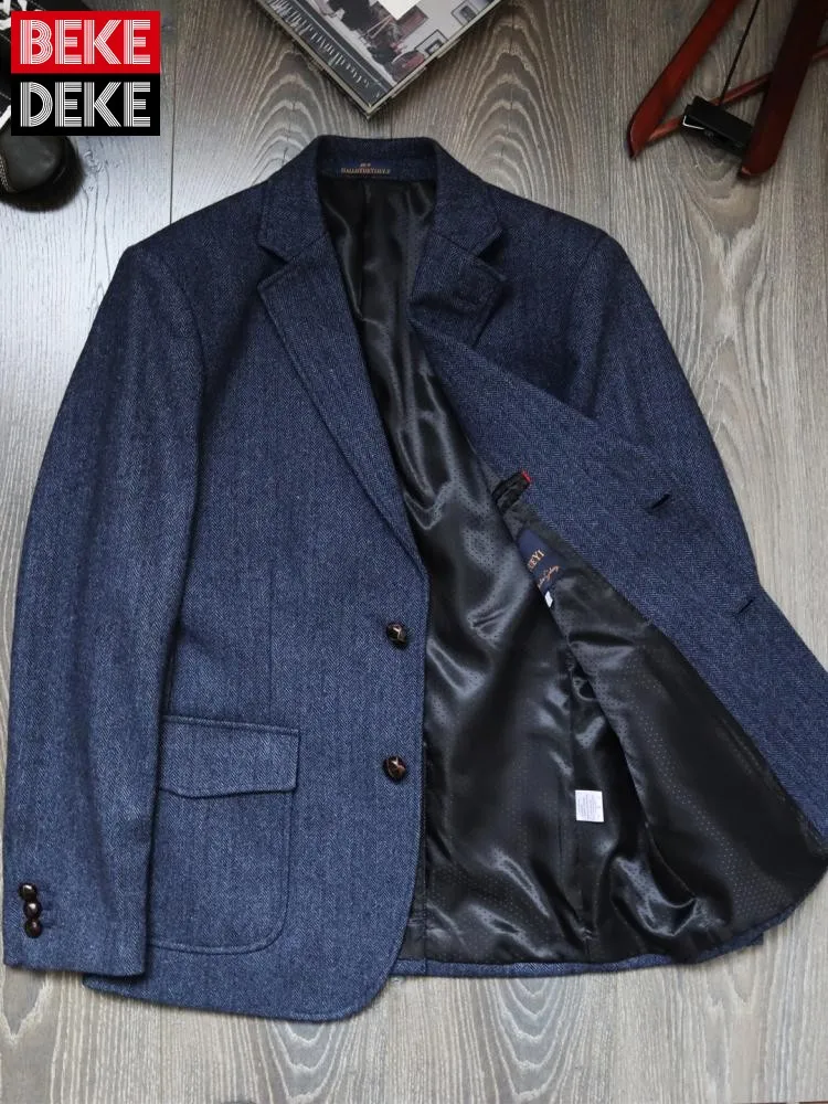 Retro Male Blazer Fashion Solid Color Business Mens Suit Jacket Turn Down Collar Double-Breasted Long Sleeves Outerwear