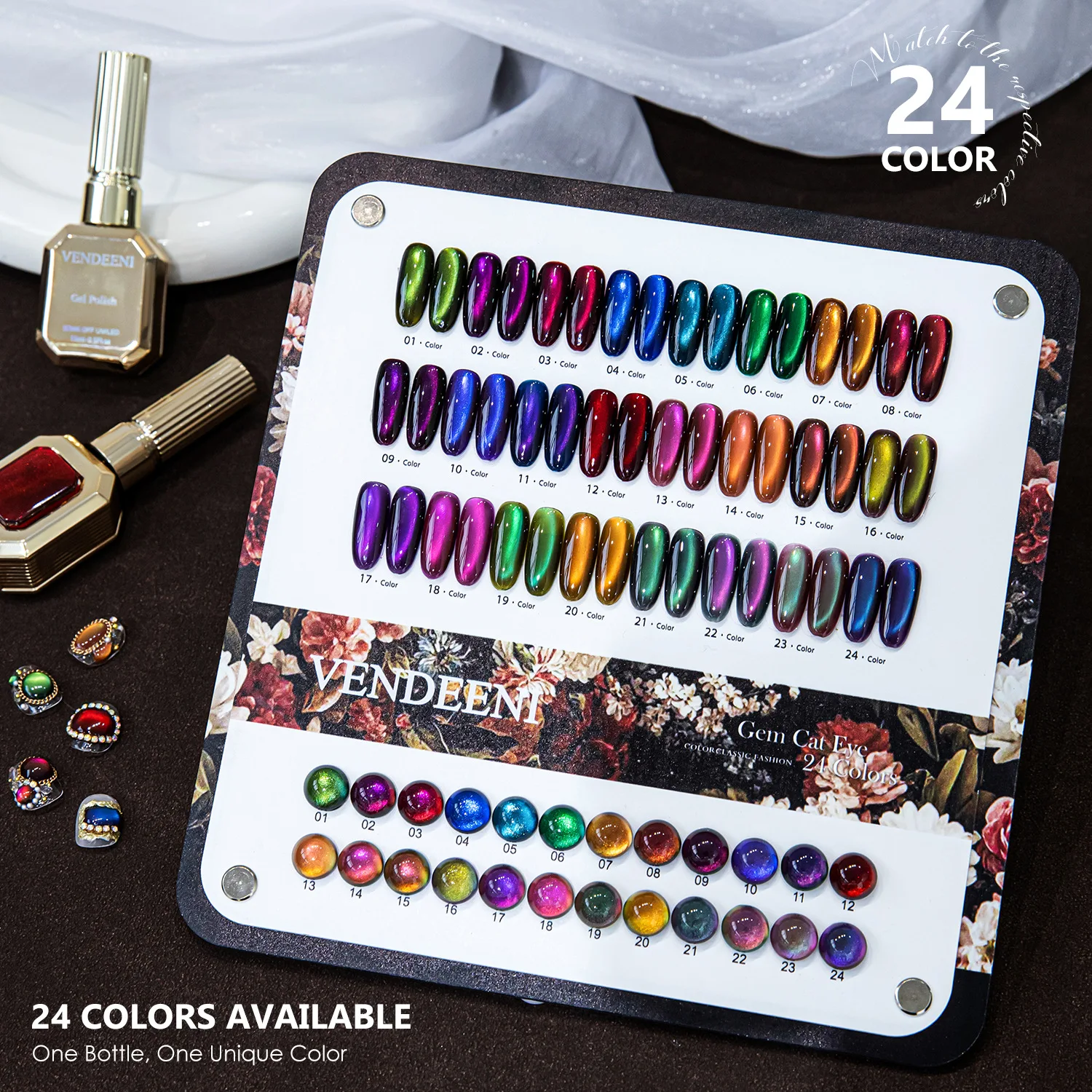 Vendeeni Fancy 24 Colors Gemstone Cat Eye With Color Card Different Bottle Dynamic Crystal Glass Bead Magnetic Cat Eye Nail Gel