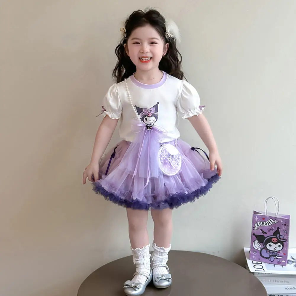 

Комплект с юбкой Sanrio Kuromi для девочек, лето 2026, новая модная детская юбка-пачка с короткими рукавами и мультяшным принтом для маленьких девочек, комплект из 2 предметов, принцесса