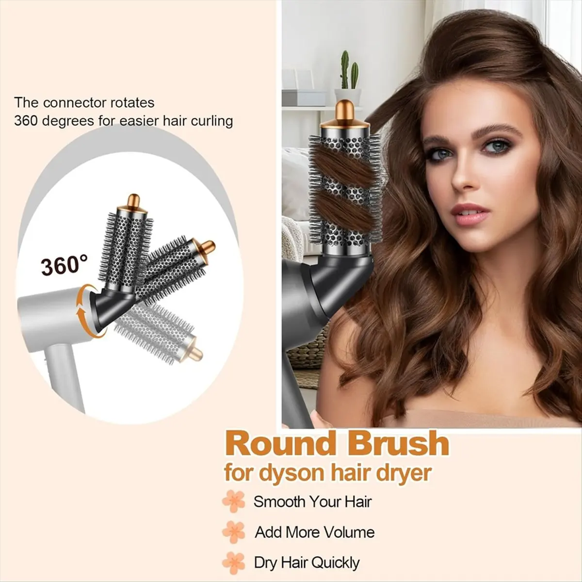 【Newest AT03】Round Brush Attachment for with Adaptor for Hair Dryer Accessories, Round Volumizing Brush Gold