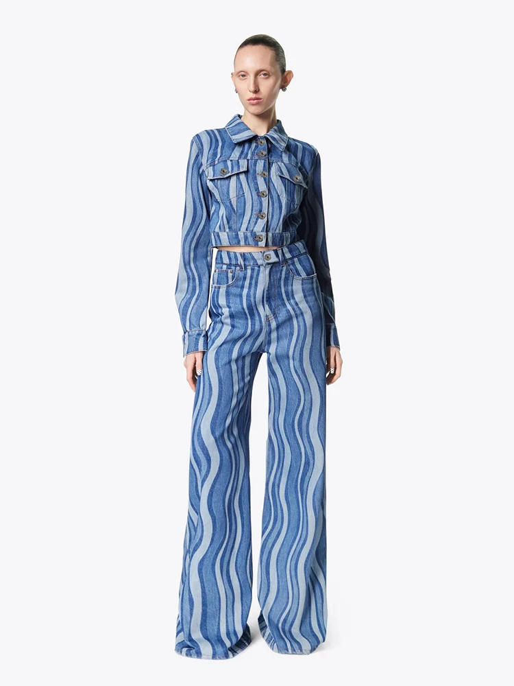 VGH アメリカン ストリート スレオルト ウェーブ パターン デニム ジャケットと染められたフロアレングス パンツ セット 女性向けのファッショナブルでトレンディなアイテム