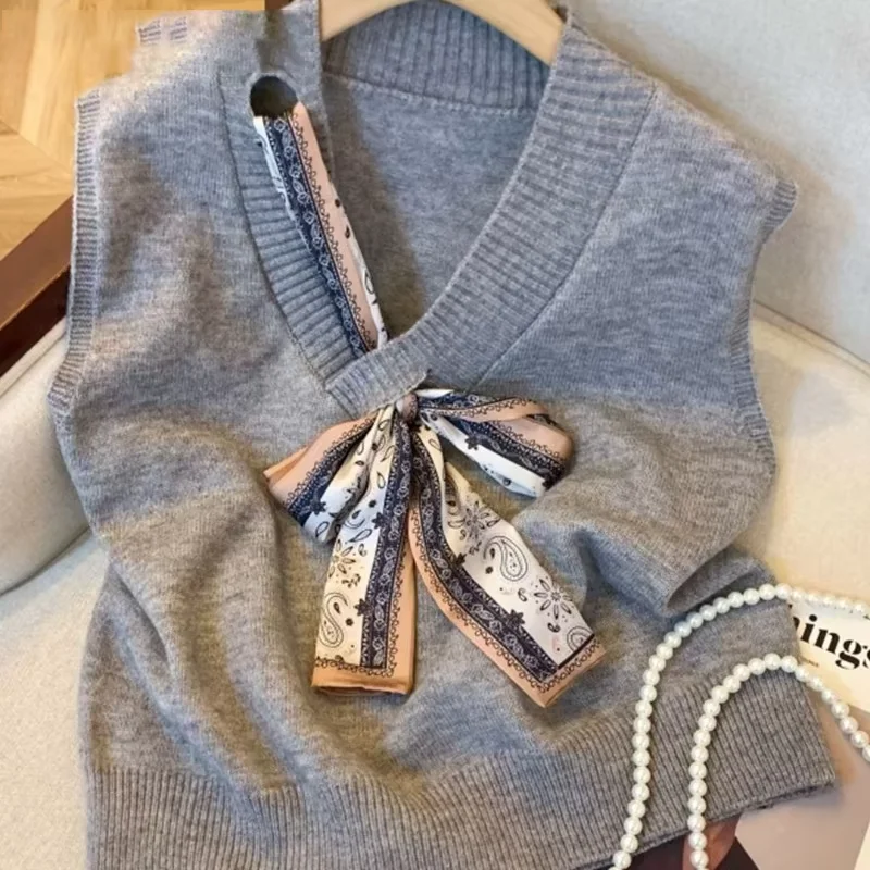 Autumn Winter Knitted Vest Women V Neck Bandage Bow Sleeveless Y2k Sweater Korean Preppy Style Fashion Overlap Crop Top