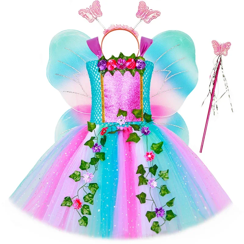 Girls Glitter Fairy Tutu Dress Woodland Forest Ivy Flower Fairy Costume for Kids Girls Birthday Party Princess Dresses Ball Gown