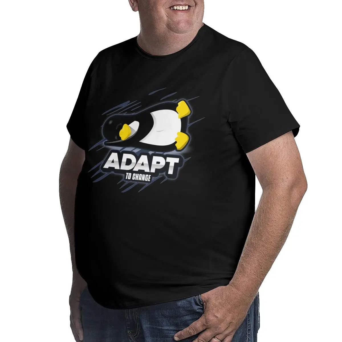 Men Adapt To Change Penguin Tux Linux Design Cotton printed Tops t shirts graphic Round Neck Big Tall Tee Plus Size 4XL 5XL 6XL