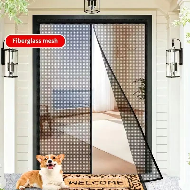 Magnetic Black Fiberglass Mosquito Net Door Curtain Reinforced Durable Mesh, High Transparency Breathable Screen for Home