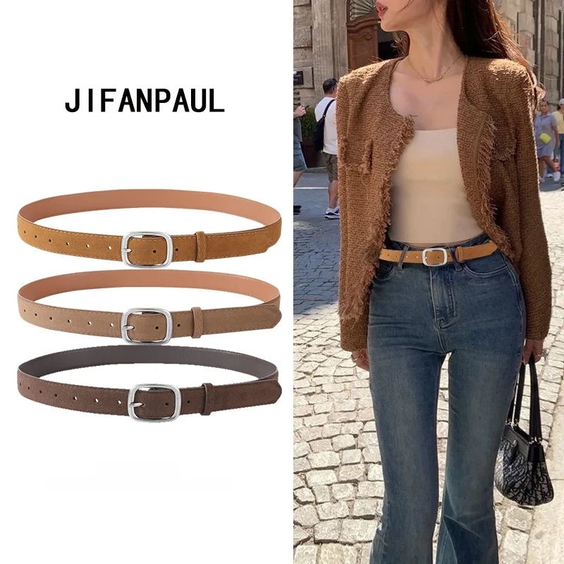 Authentic Women's Suede Belt Vintage Silver Needle Buckle Casual Fashion High-End Feel New Style Jeans Belt Leather Accessory