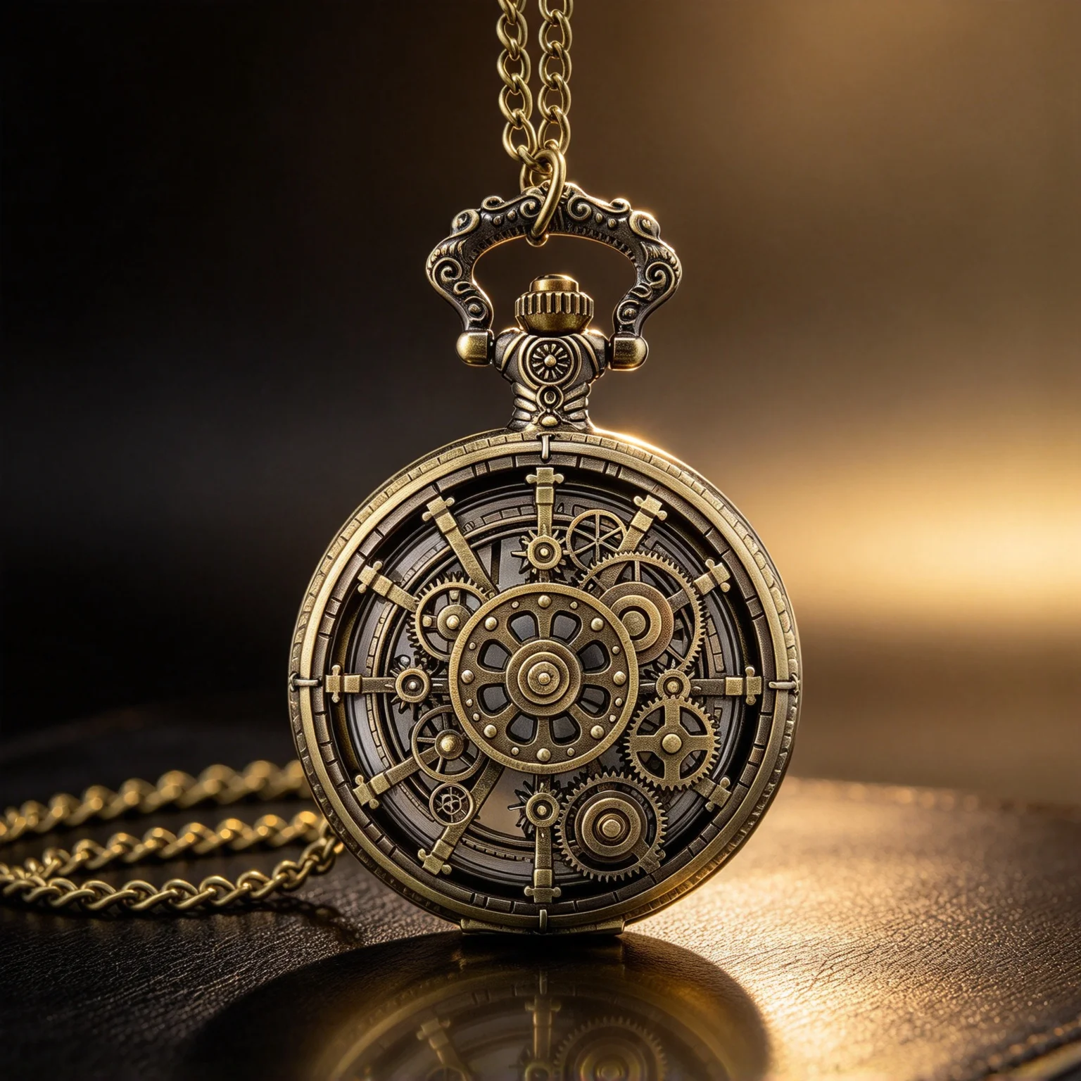 Vintage Hollow Steampunk Gear Design Quartz Pocket Watch withNecklace Pendant, World-Time Feature, Pointer Display Pocket Watch