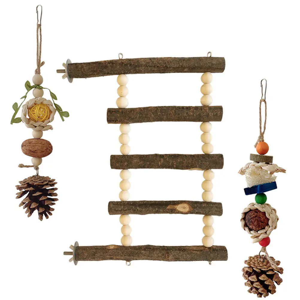 

3Pcs Wood Climbing Ladder Parrot Hanging Chewing Standing Plaything Bird Cage Bite-Resistant Fun Plaything for Small Birds