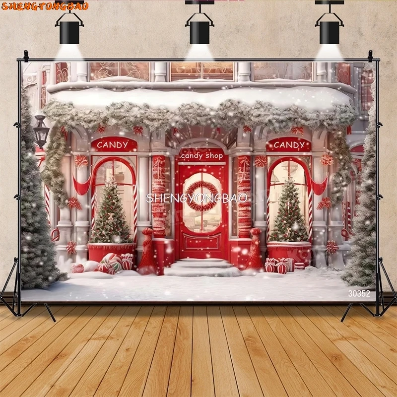 

SHENGYONGBAO Christmas Tree Window Candy Photography Backdrop Wooden Doors Snowman Cinema Pine New Year Background Prop ZZ-29