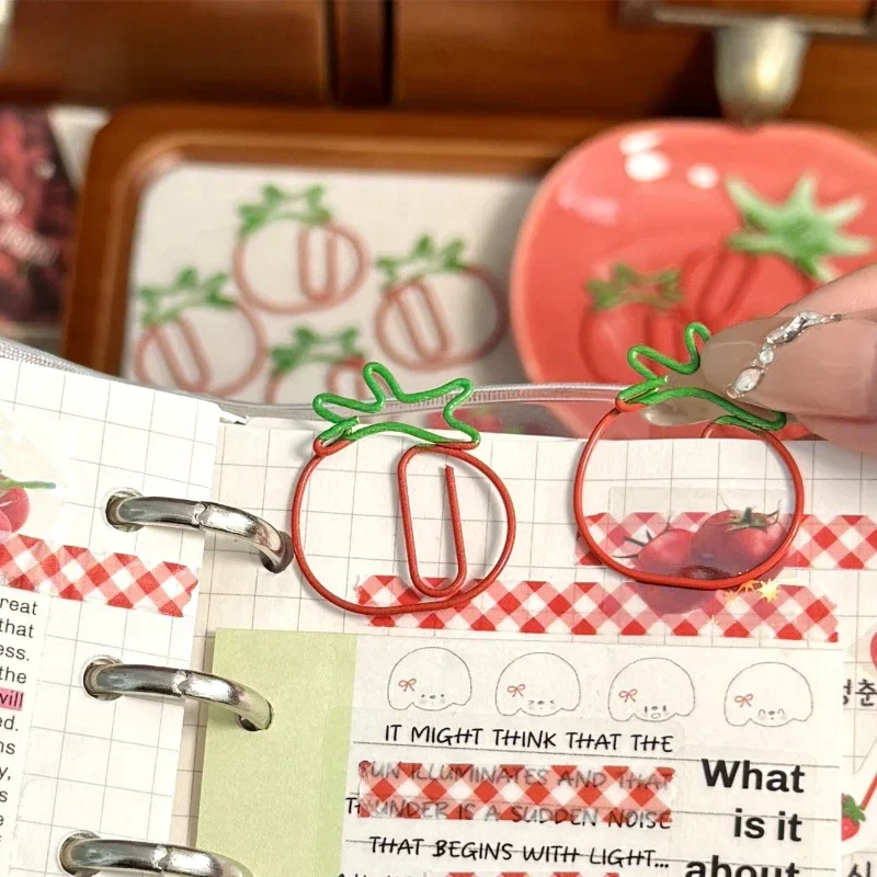 5pcs/set Vintage Tomato Paper Clips  Aesthetic Brass Scrapbook Book Tab Red Color Japanese Cartoon Non-sticky Clips Gift Set