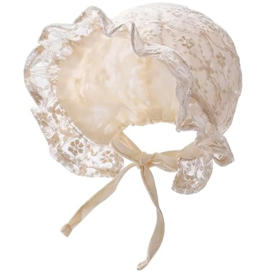 Baby Girl Boy Lace Bonnet Hat Soft Warm Double Layer Christening Adjustable Eyelet Sun Hat for Infant Newborn Toddler