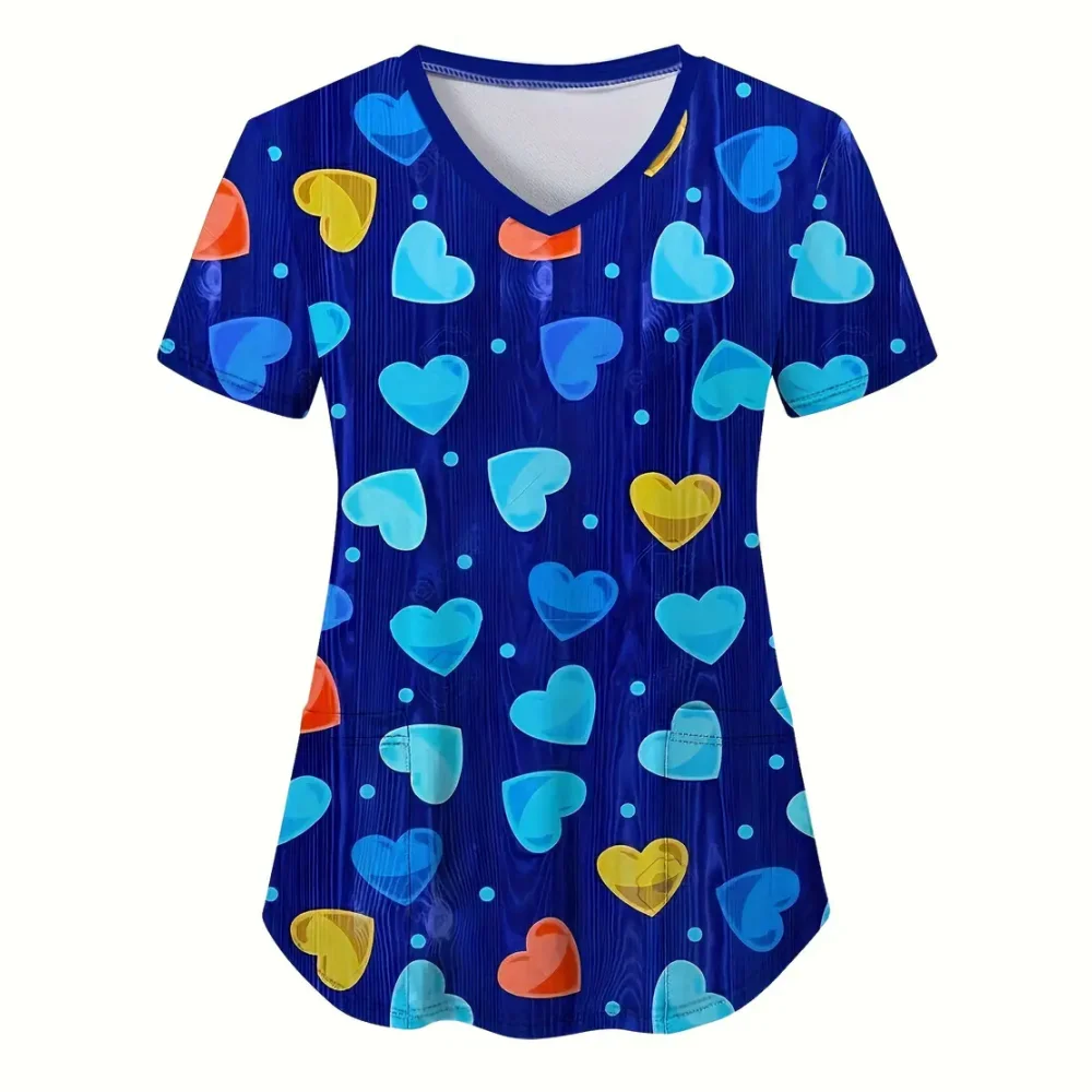 Clinical Uniform Woman Elegant Heart Print Health Care Scrub Uniform Trends V-Neck Short Sleeve Dental Nursing Uniform for Women