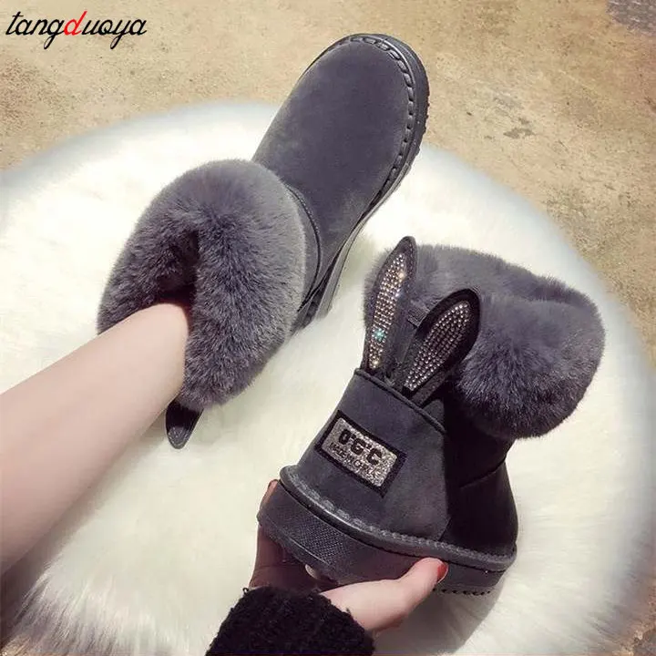 Women Boots Fox Fur Brand Winter Shoes Warm Snow Boots Black Round Toe Casual Female Slip-on Woolen Boot Sweet Flock flats