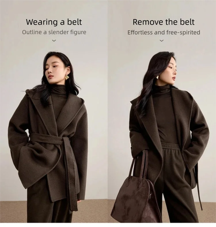 SENTUBILA Damen 100% Wollmantel, doppelseitig, Winter 2026, Kapuzenbademantel, lockerer Mantel, vielseitige modische Oberbekleidung W54OC2735 – Detail 5