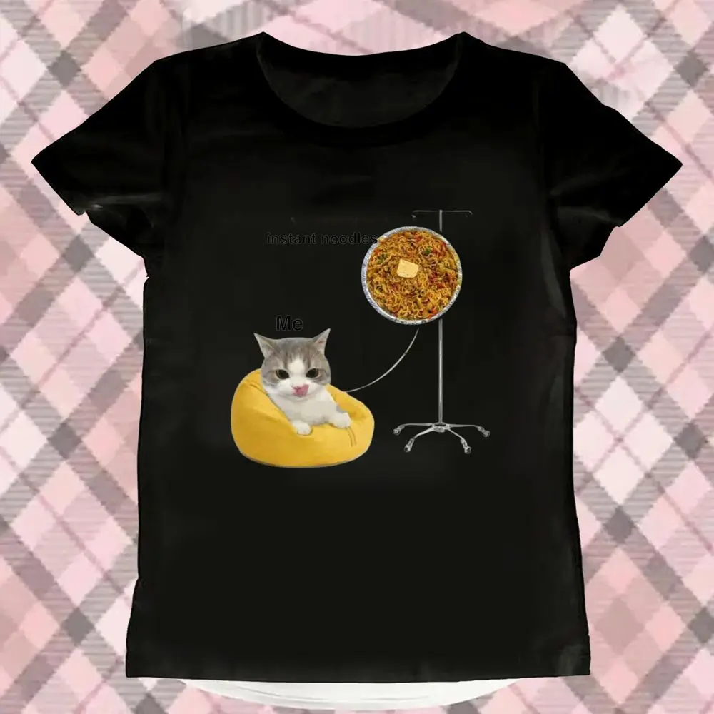 Funny Cat Instant Noodles Graphic T-Shirt Women Summer Short Sleeve Meme Print Vintage Tops Female Casual Harajuku Y2k Clothes