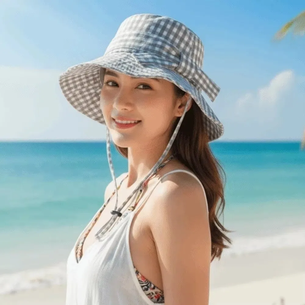 Casual Fine Plaid Pattern Fisherman Hat Windproof Rope Bow Folding Sun Cap Wide Brimmed Breathable Basin Cap Women