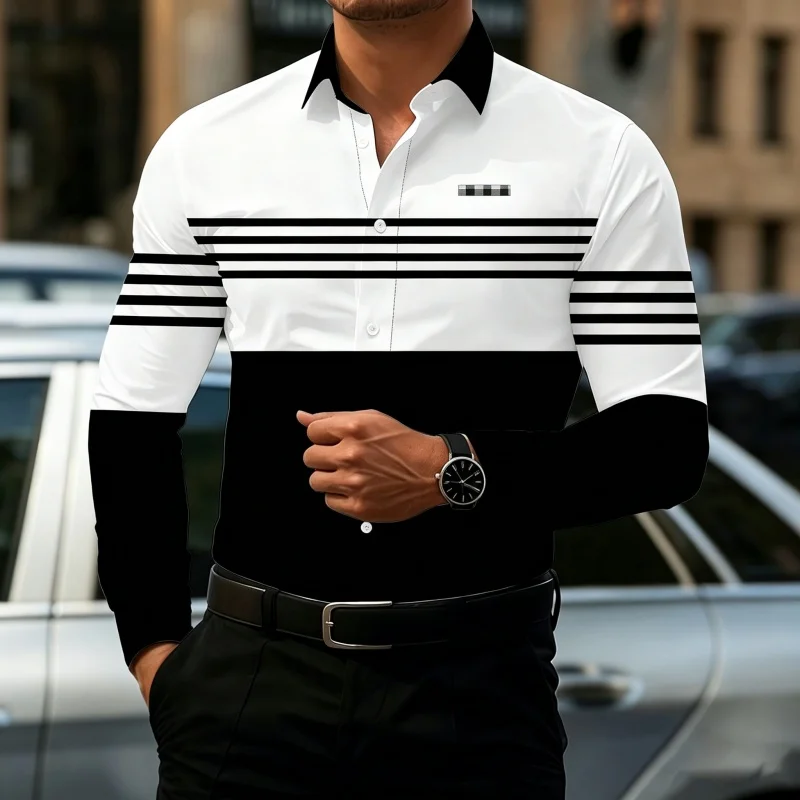 2026 new men's contrasting striped shirt street style black and white striped slim fit shirt business casual formal shirt XS-6XL
