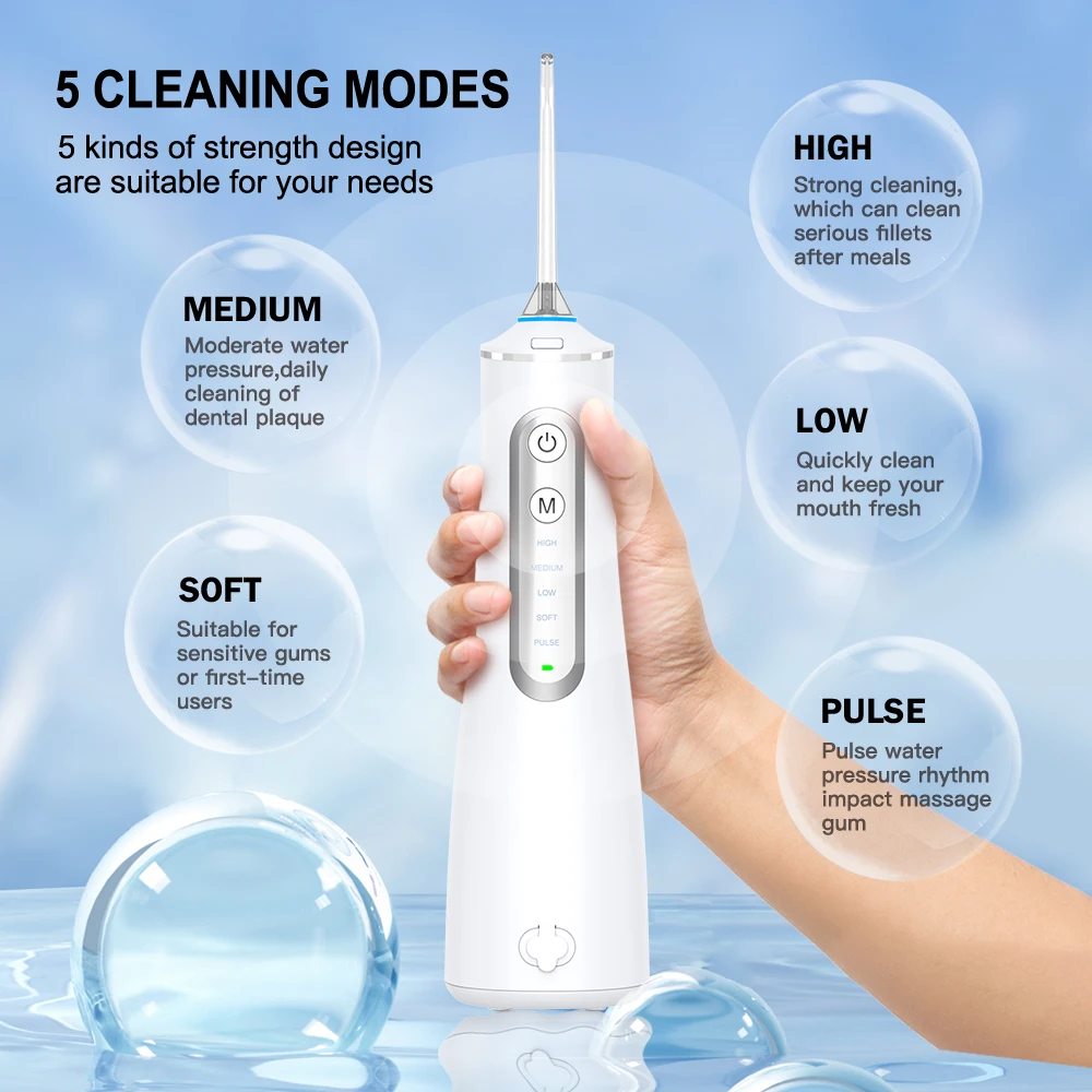 SUBORT Oral Dental Irrigator USB Rechargeable Water Flosser Portable Dental Water Jet 260ML Water Tank Waterproof Teeth Cleaner