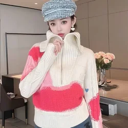 Pullover sweater 2023 crowd design sense of fried street white contrast lapel semi-zip sweater women autumn and winter pullover