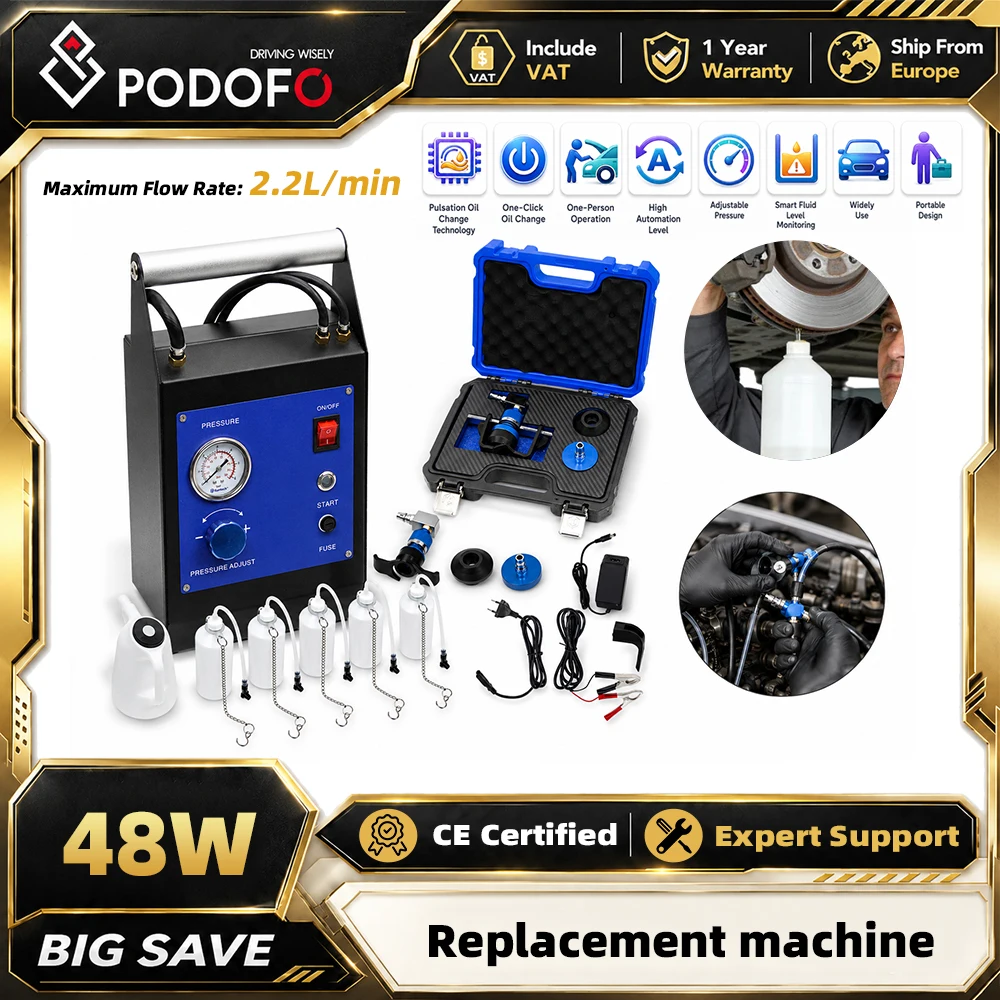 Podofo Smart Pulse Elektrisches Bremsenentlüftungsgerät DC12V AC240V Kfz-Bremsflüssigkeitswechselgerät 0,6-3 Bar Einstellbarer Druck 3,5m Schlauch Niedrigölstandschutz für die Reparatur von
