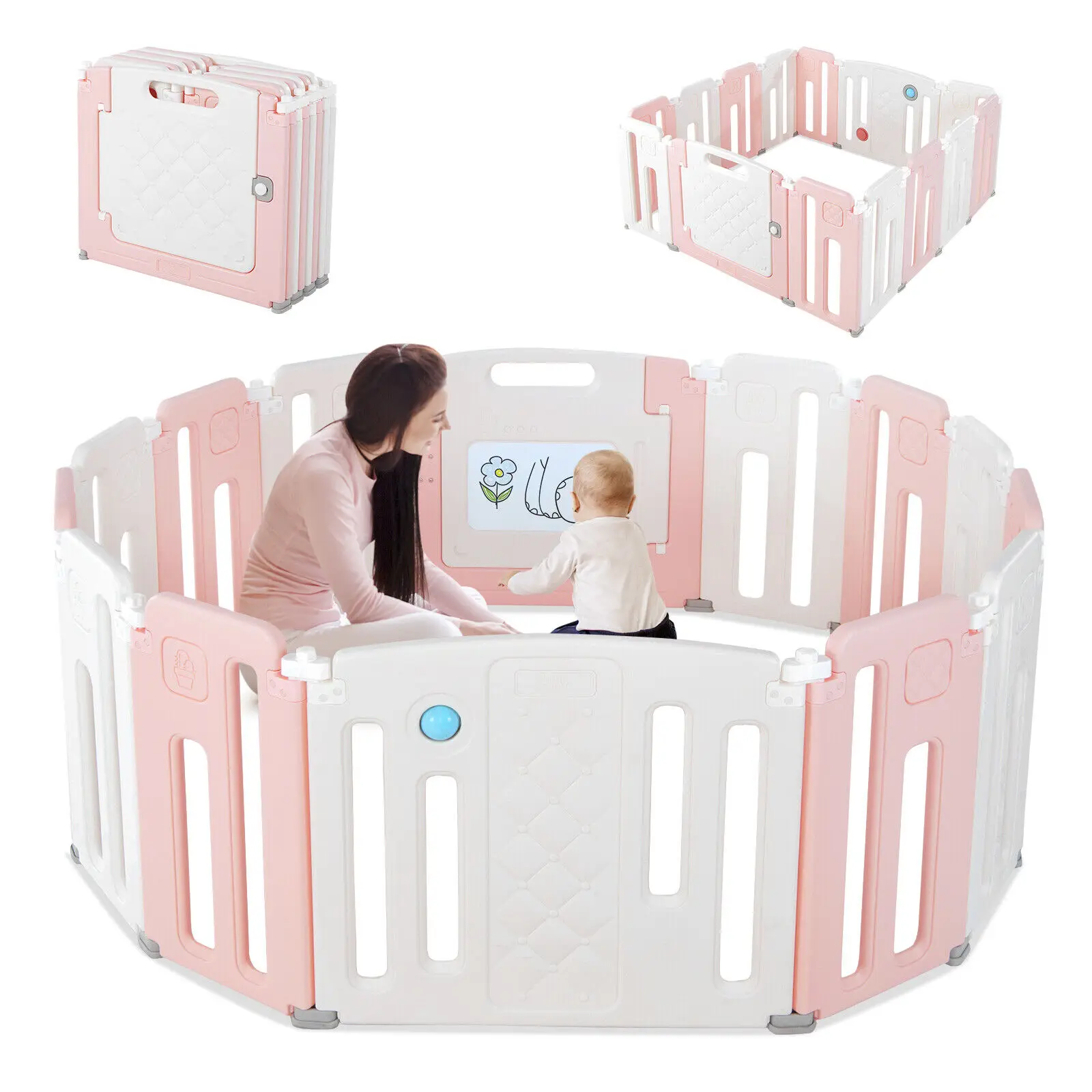 

Babyjoy Baby Safety Playpen Toddler Yard w/ 14 Panels & Drawing Board Pink