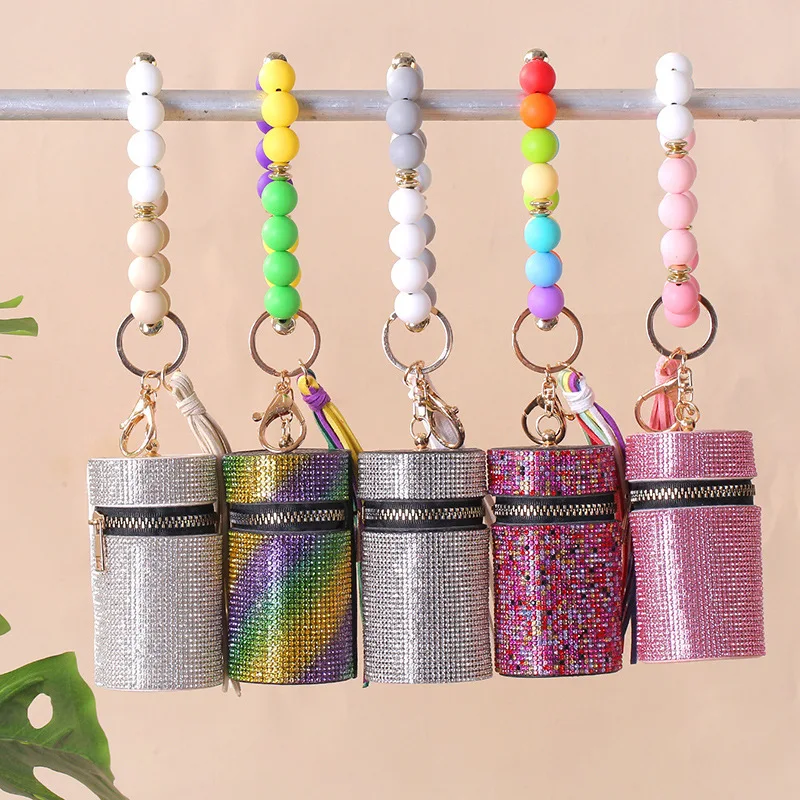 

Silicone Beaded Keychain Bracelet Keychain with Tassels Mini Purse with A Diamond High-end Lipstick Collect Packing Decorations