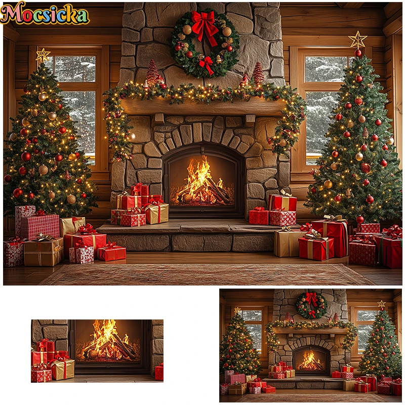 

Mocsicka Classic Christmas Eve View Backdrops Family Adult Photography Props Child Kids Photo Wooden House Fireplace Backgrounds