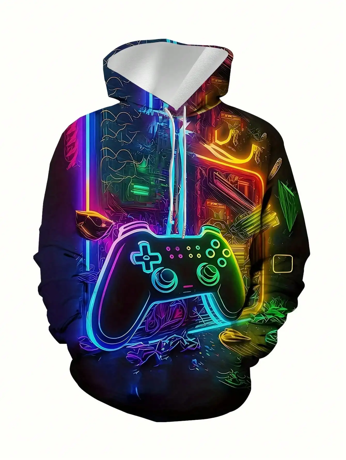 3D Neon Game Controller Hoodie for Men, Cyberpunk Streetwear Pullover, Casual Long Sleeve Top for Fall