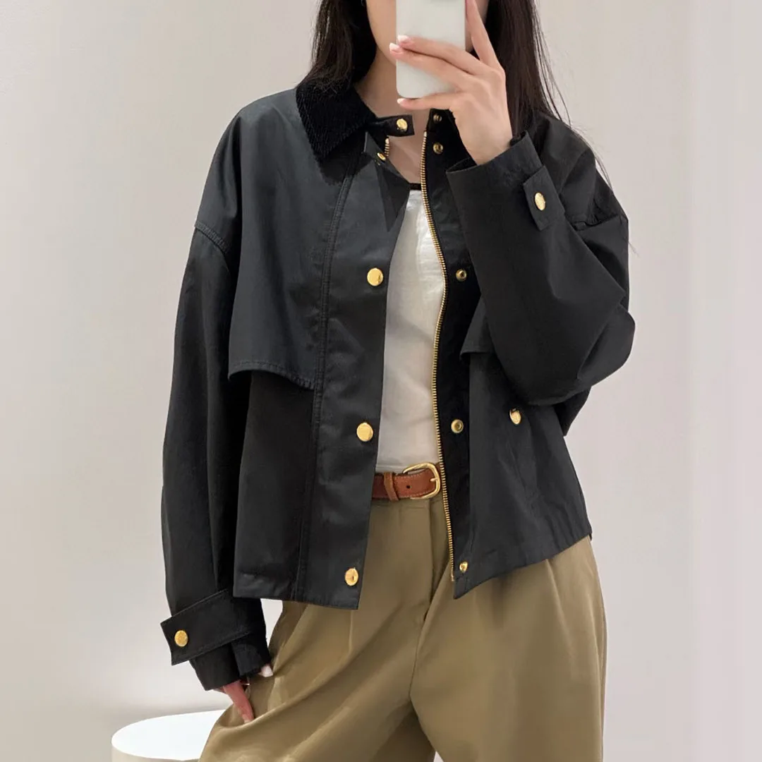

New Autumn Oversize Loose Casual Basic Jacket Women Corduroy Spliced Lapel Long Sleeve Big Pocekts Gold Buttons Zipper Chic Coat