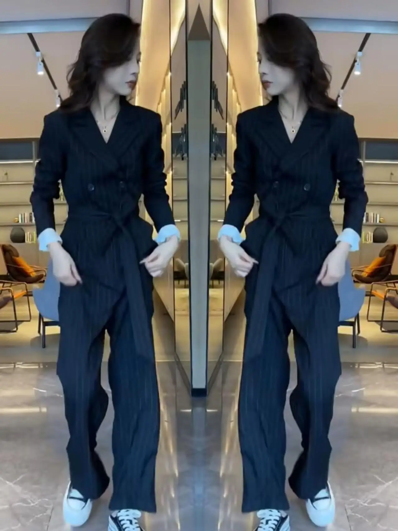 

Korean Sle High Waist Casual Versatile One-Piece Suit for Women Straight Leg Pants Slimming Trendy Ensemble