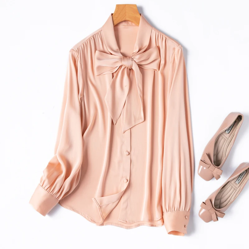 

93% Mulberry Silk 7% Spandex Women Silk Shirt Pink Buttons Down Bow Tied Neck Long Sleeve Top Blouse Office Work M1450
