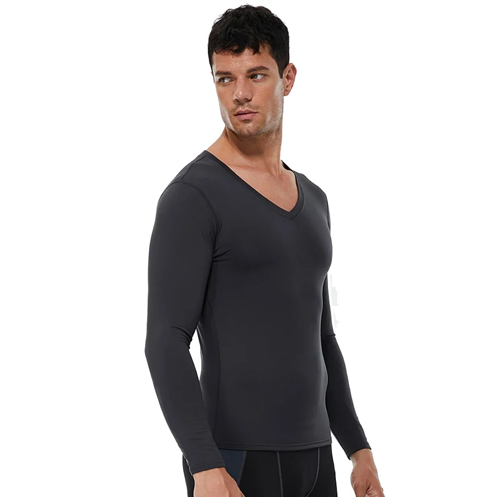 Men Thermal Compression Shirt Quick Dry Tight V-neck Long Sleeve Running T-shirt Gym Fitness Training Bodybuilding Sportswear