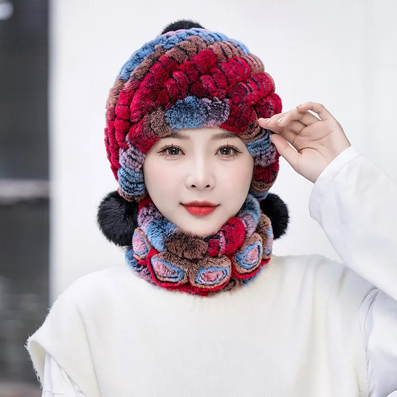 A fashionable and versatile ear-protecting hat made of fur leather for autumn winter set hats scarves middle-aged mothers