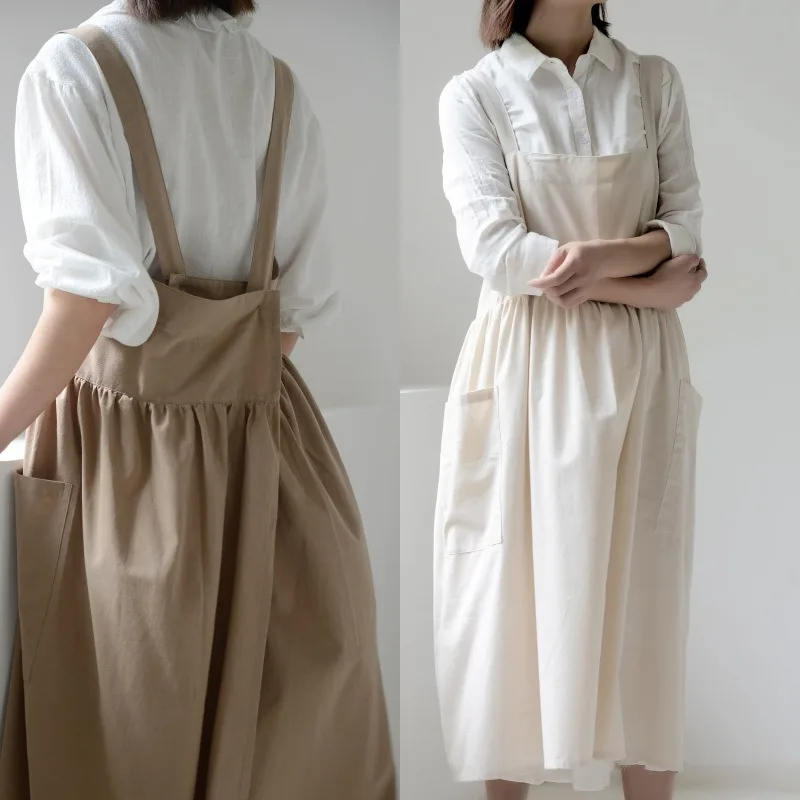 

Waterproof Cotton Apron Solid Color Shoulder Strap Adjustable Baking Apron Korean style Florist Work Dress For Kitchen Coffee