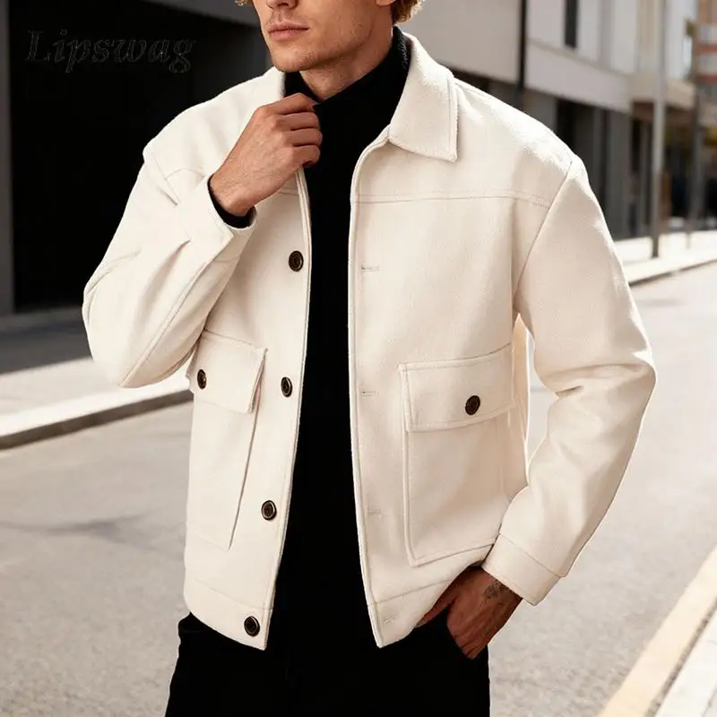 

Stylish Solid Color Woolen Jacket Men 2026 Spring Casual Button-up Turn-down Collar Cargo Jackets Vintage Mens Coats Outerwear