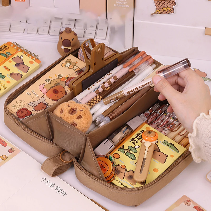 Große Kapazität Multi-schichten Stift Tasche Niedlichen Cartoon Capybara Bleistift Fall Zipper Schreibwaren Organizer Multifunktionale Bleistift Fall