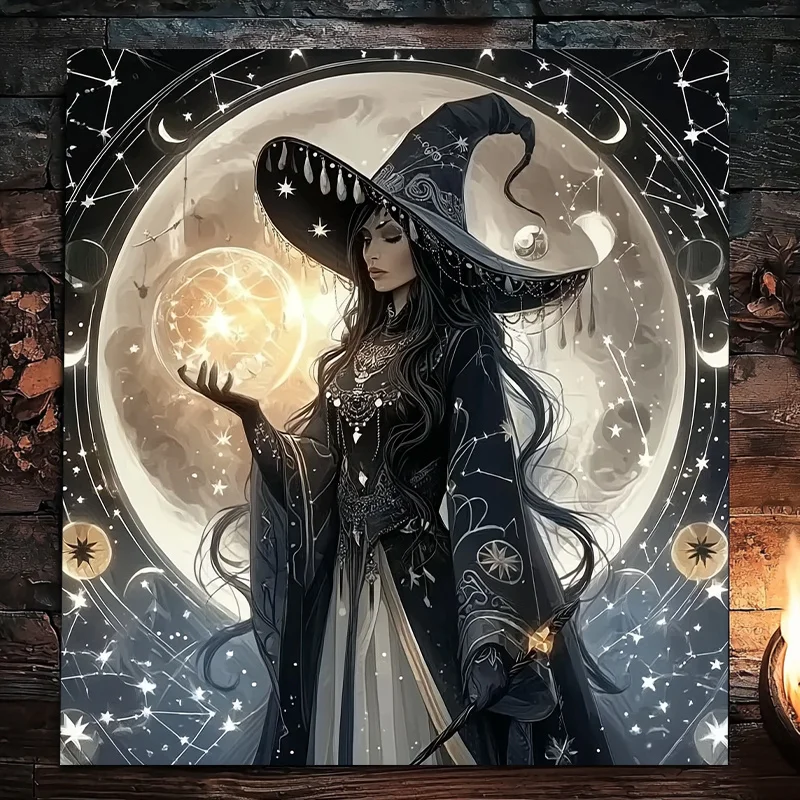 1pc Witch & Moon Tarot Tablecloth – Mystical Starry Night Design for Meditation & Rituals Available in multiple sizes