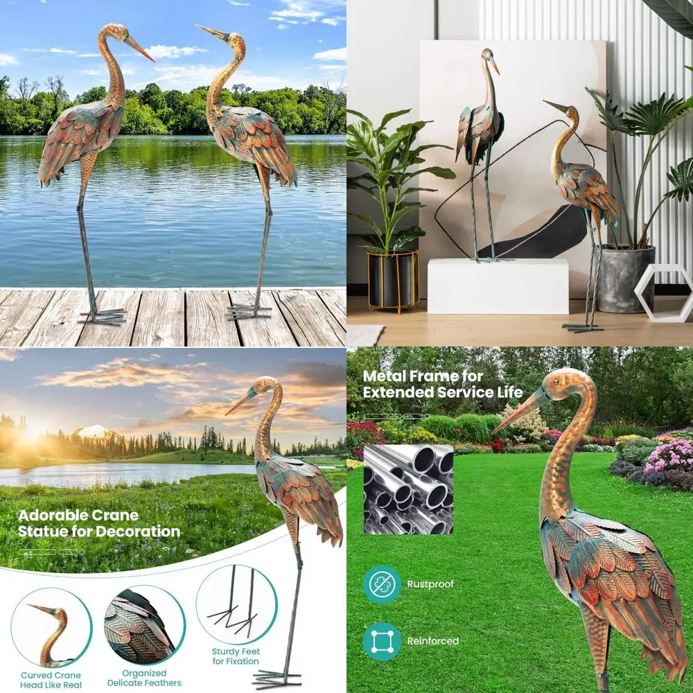 

Pair of Metal Crane Statues: Elegant Garden Bird Sculptures for Outdoor Yard and Patio Decor