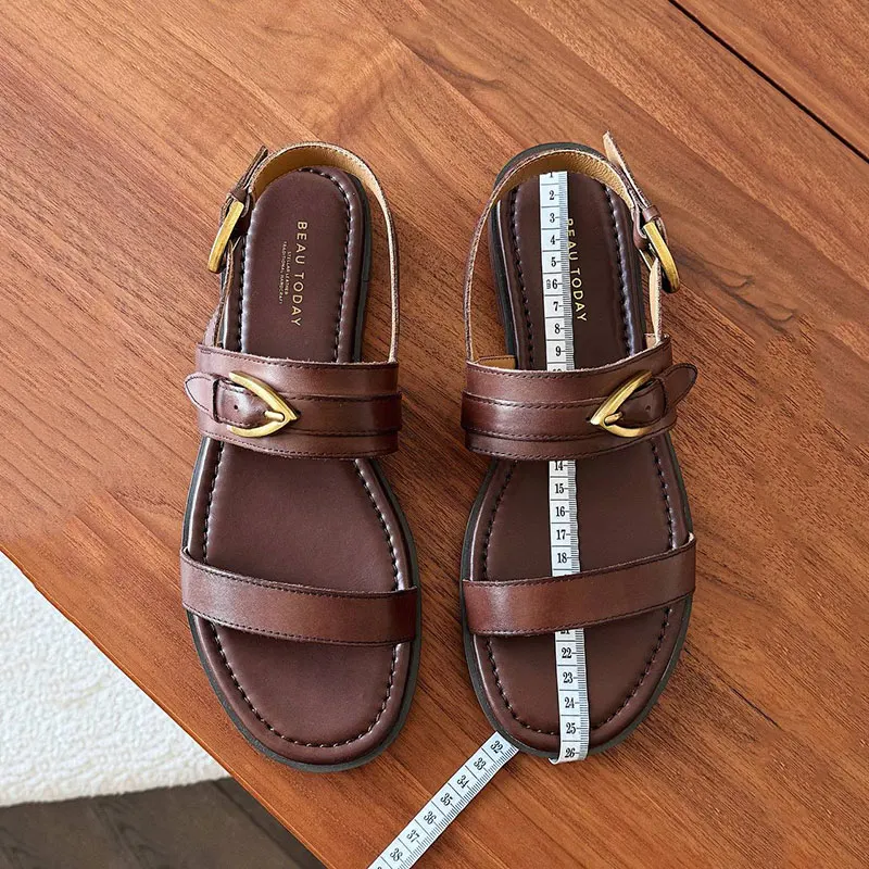 Genuine Leather Slingback Flat Sandals with Metal Buckle