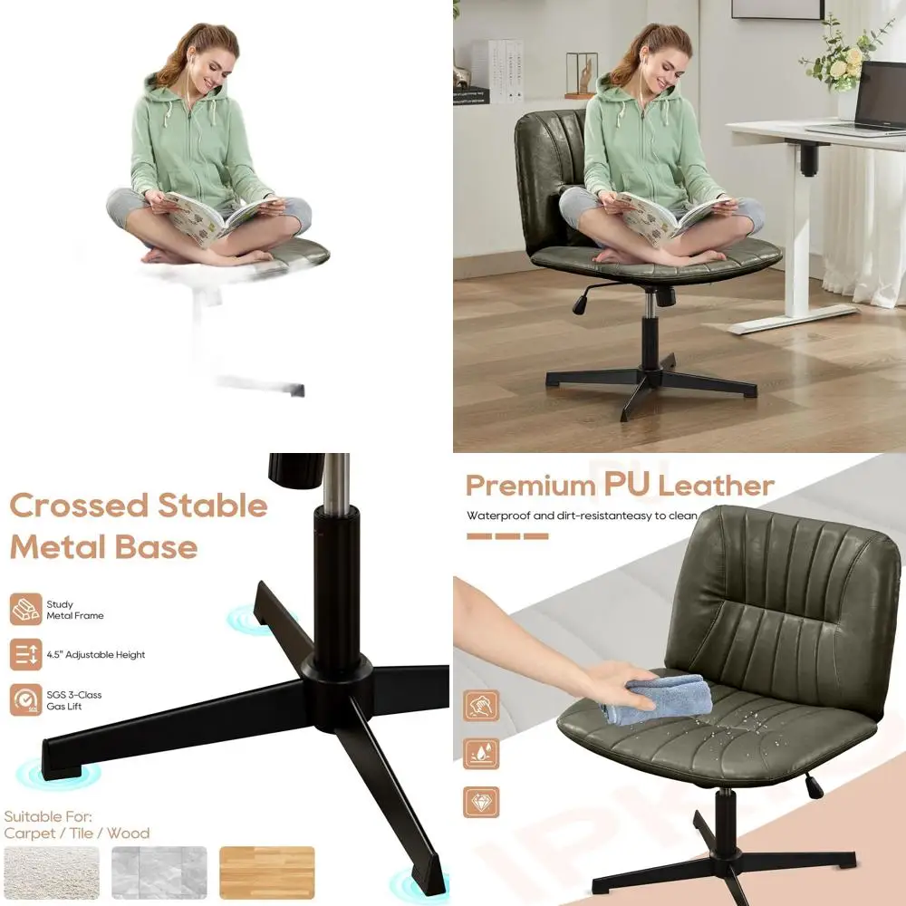 

Green Modern PU Leather Swivel Chair, Armless, Adjustable Height, Mid-Back, Wide Seat Office Desk Chair