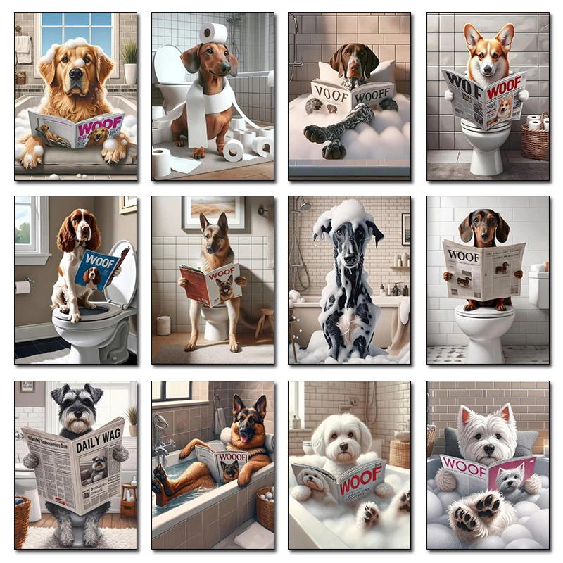 Póster Divertido de Baño con Diseño de Perros (Golden Retriever, Corgi, Cocker Spaniel) - Impresión Artística para Pared, Cuadros de Diamantes, Decoración para el Hogar