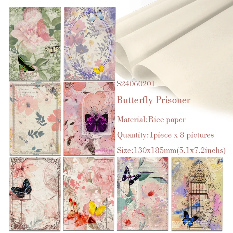 Rice Paper Original Design WuleeGifts Butterfly Prisoner Retro Scrapbooking Decoration Vintage Junk Journal S24060201 8PS Papers