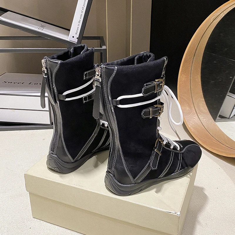 2025 أحدث الرجعية فارس أحذية بوت قصيرة النساء الربيع والخريف الدانتيل متابعة الأحذية الغربية المتخصصة منصة اللون مطابقة الأحذية #6